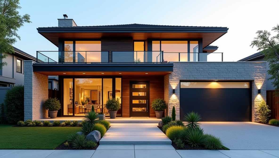 A-modern-and-stylish-Exterior-Home-Design-featuring-sleek-architecture-warm-lighting-lush-landscaping-and-a-contemporary-facade-that-enhances-curb-appeal