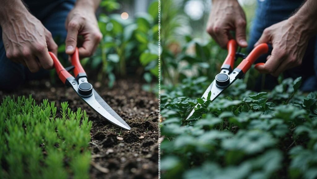 Before and after effect of trimming plants in the garden