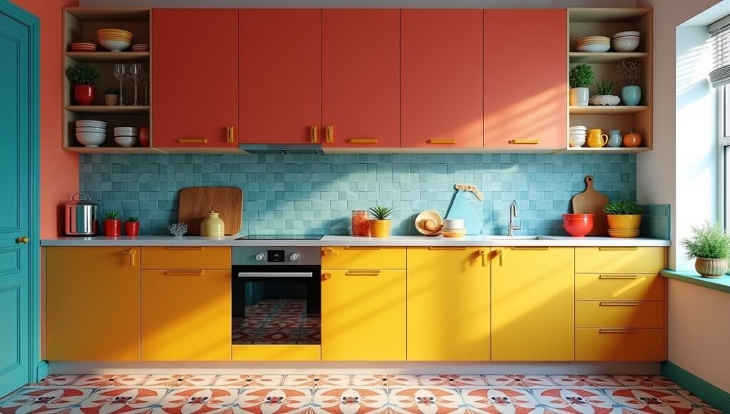 Kitchen with bold, vibrant colored cabinets and accent tiles.