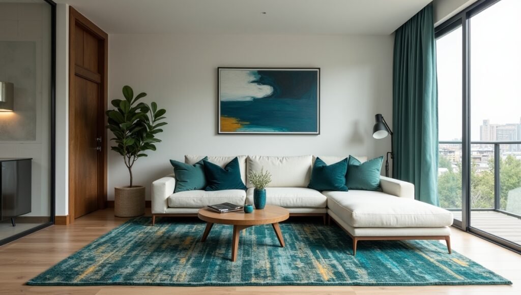 Home Color Design : Contemporary-home-interior-with-bold-accent-colors-featuring-deep-blue-cushions-vibrant-wall-art-and-statement-furniture-pieces