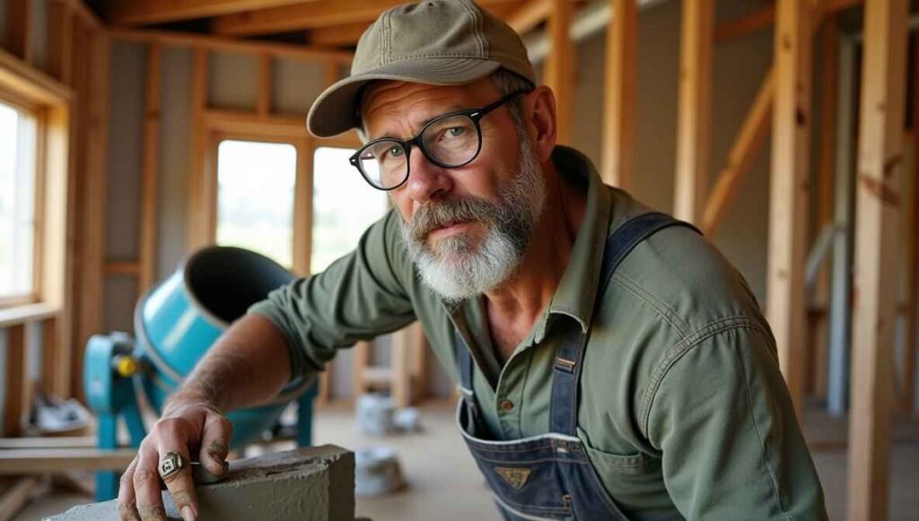 A homeowner working on a DIY house construction project