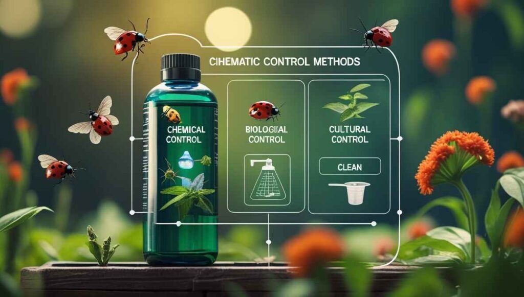 Illustration showing different pest control methods: chemical, biological, physical, and cultural.