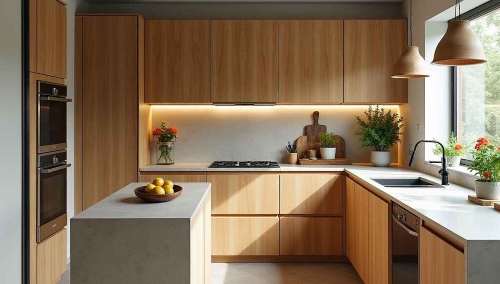 Sustainable kitchen design with bamboo and recycled materials.