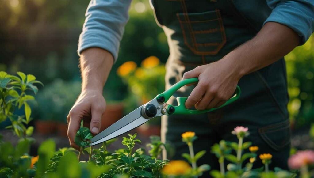 Gardener trimming plants with ergonomic gardening shears