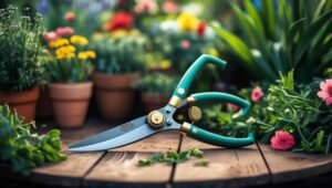 Pair of gardening shears on a wooden table with plants and flowers