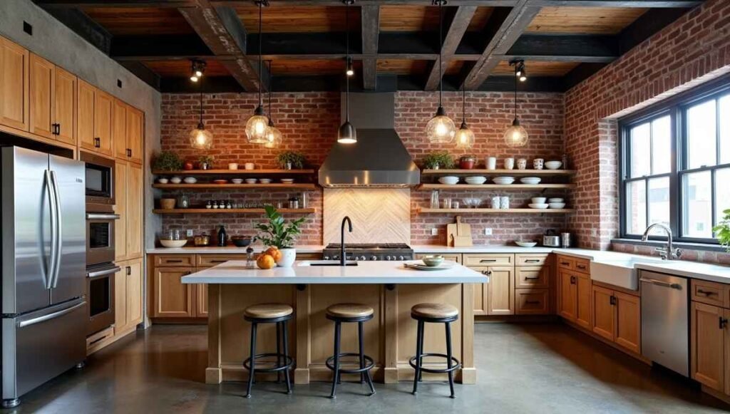 Industrial chic kitchen with exposed brick and reclaimed wood accents.