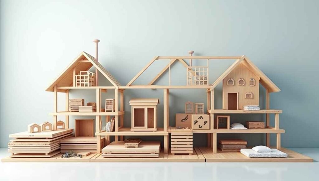 A kit home package with pre-cut materials for easy construction