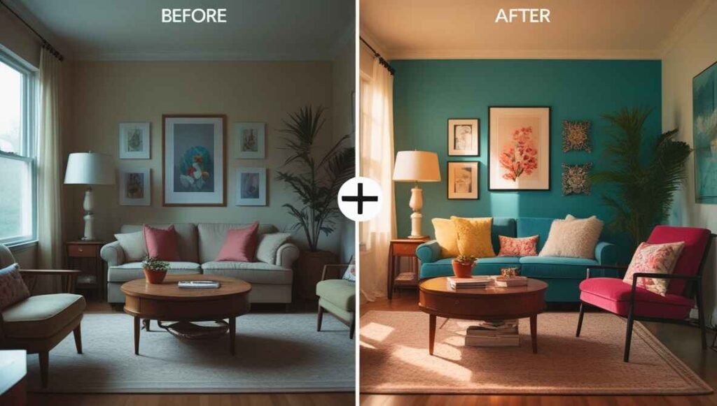 Before and after transformation of living room by interior decorator