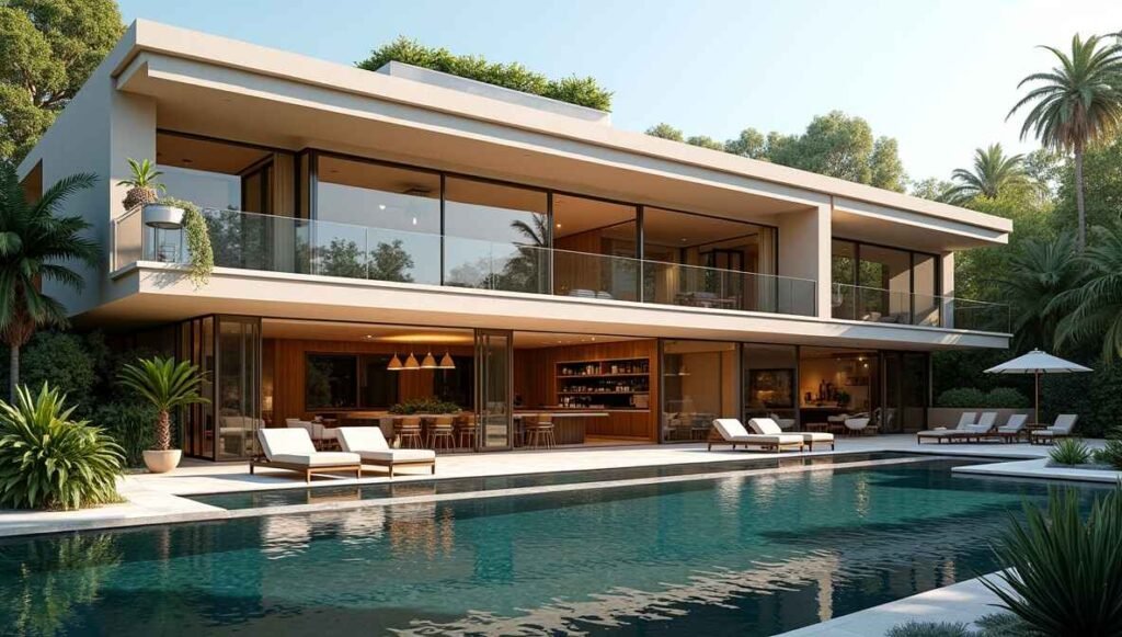 High-end Bloxburg house with glass walls and infinity pool