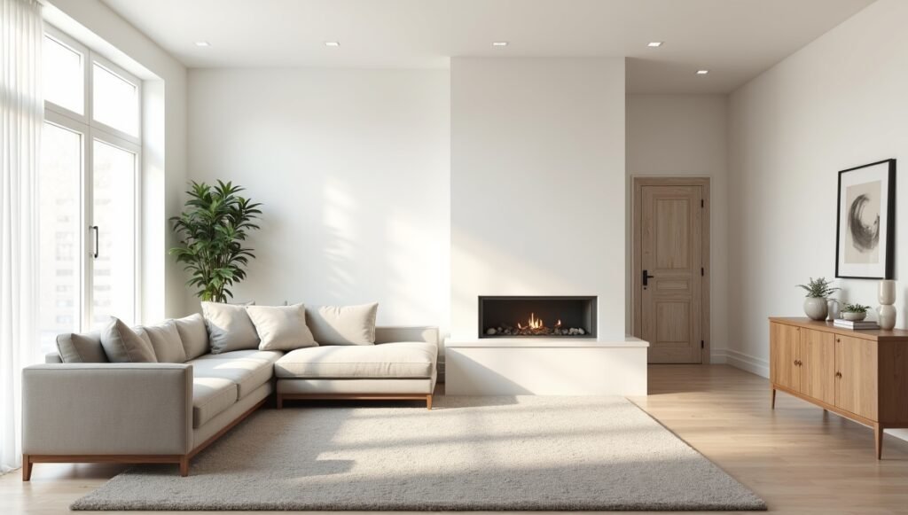 Minimalist living room with neutral tones, soft gray walls, white furniture, and natural lighting for a timeless and elegant look