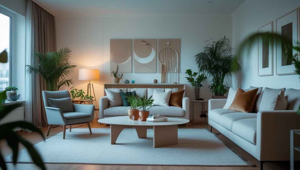 A modern living room with a grey sofa, abstract wall art, a round coffee table, and lush potted plants.