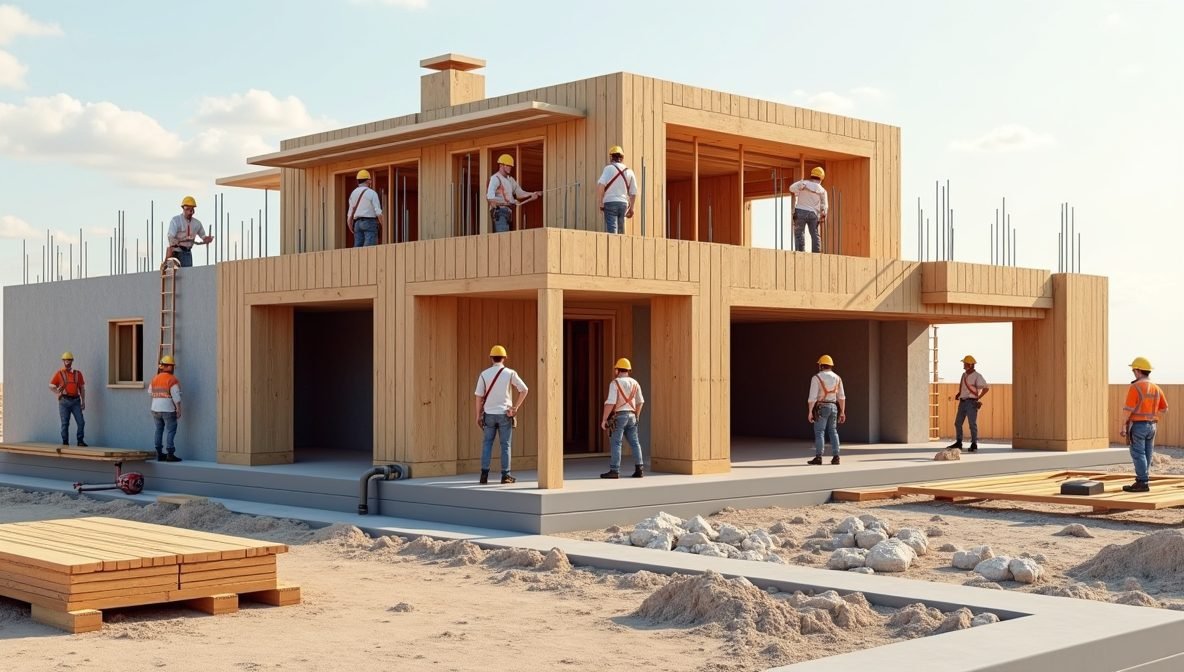 A modern house under construction with workers and construction materials, representing the cost of building a new home in 2025