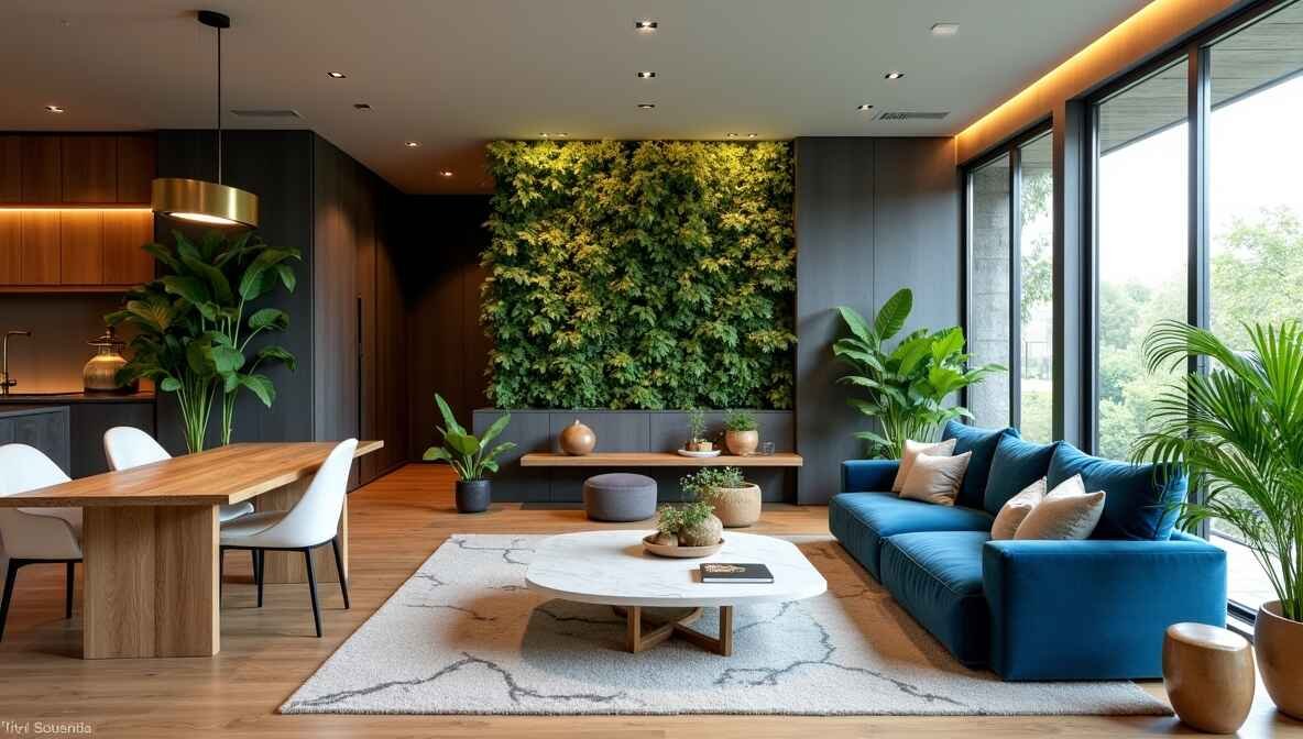 A beautifully designed modern living room with biophilic elements, smart lighting, and minimalist luxury furniture