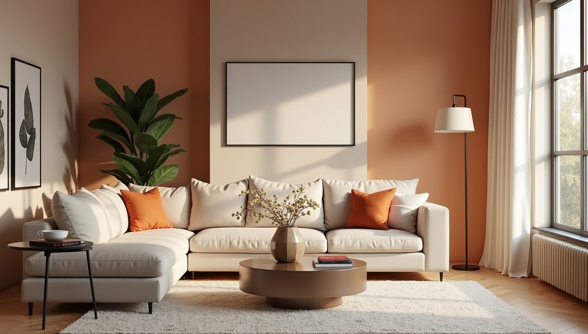 Home Color Design : Modern and stylish home interior with a balanced color palette, featuring neutral walls, bold accent decor, and natural textures for a contemporary look
