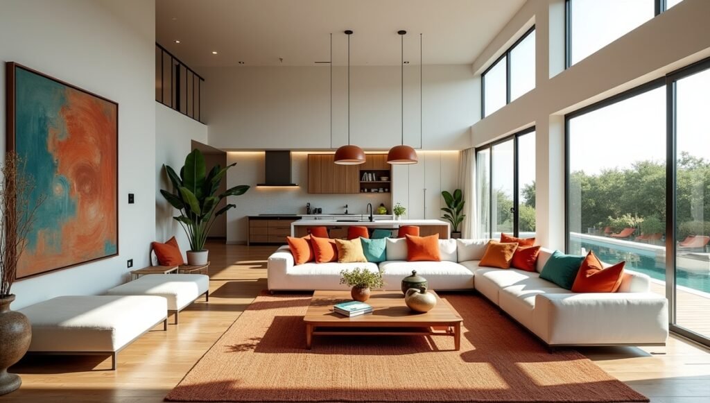 Modern home interior with a personalized color palette, unique decor items, and travel-inspired hues reflecting individual style.