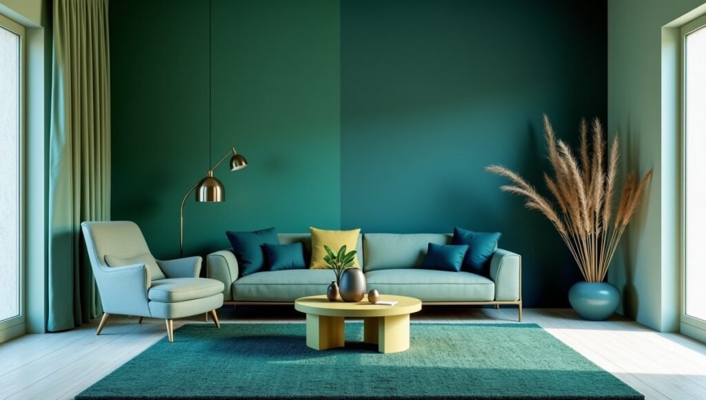 Modern living room with a monochromatic blue color scheme, incorporating different shades and textures for a cohesive design.