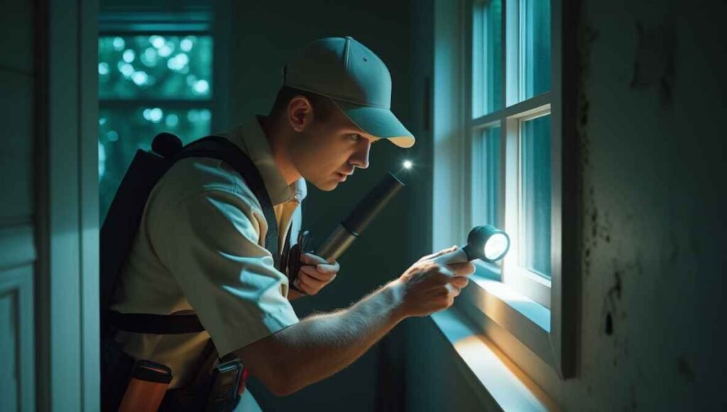 Pest control technician inspecting a house for cracks and entry points for pests