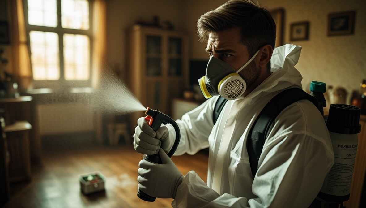 Pest control technician using a sprayer to treat a room for pests