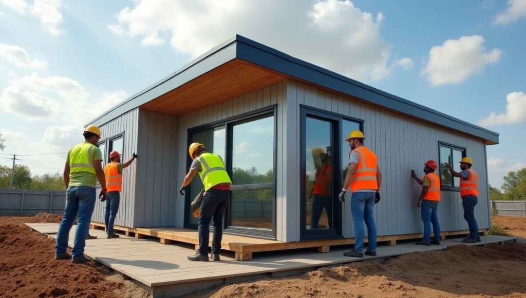 A prefabricated home being assembled on-site