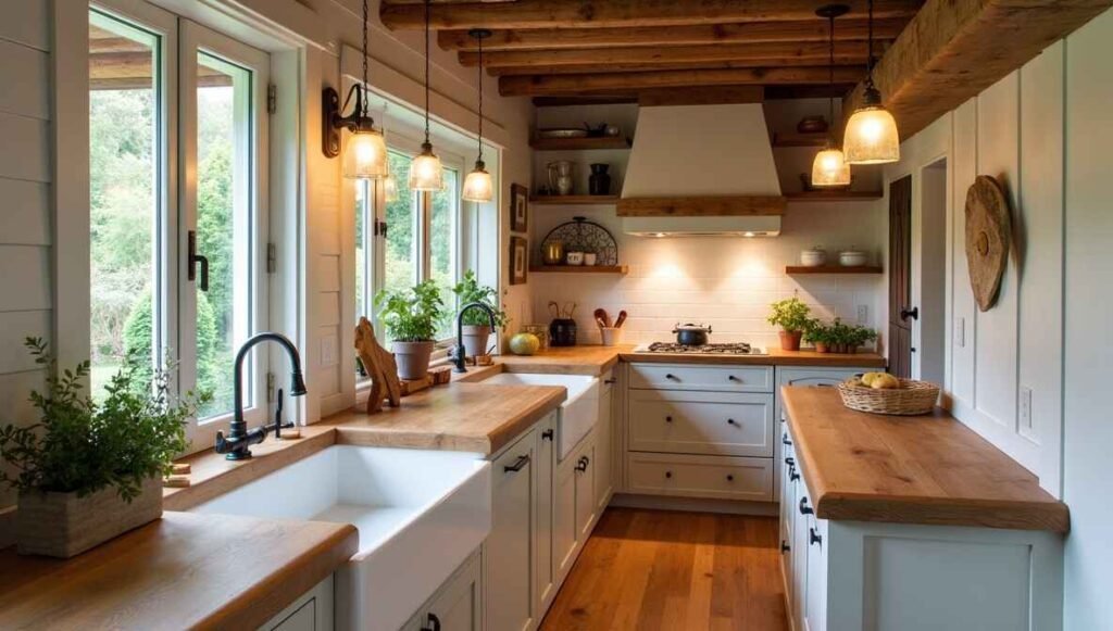 Rustic farmhouse kitchen with apron-front sinks and reclaimed wood accents.