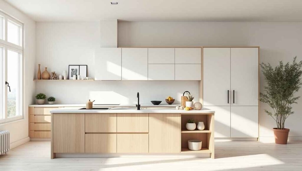 Light wood cabinetry and minimalist design in a Scandinavian kitchen.