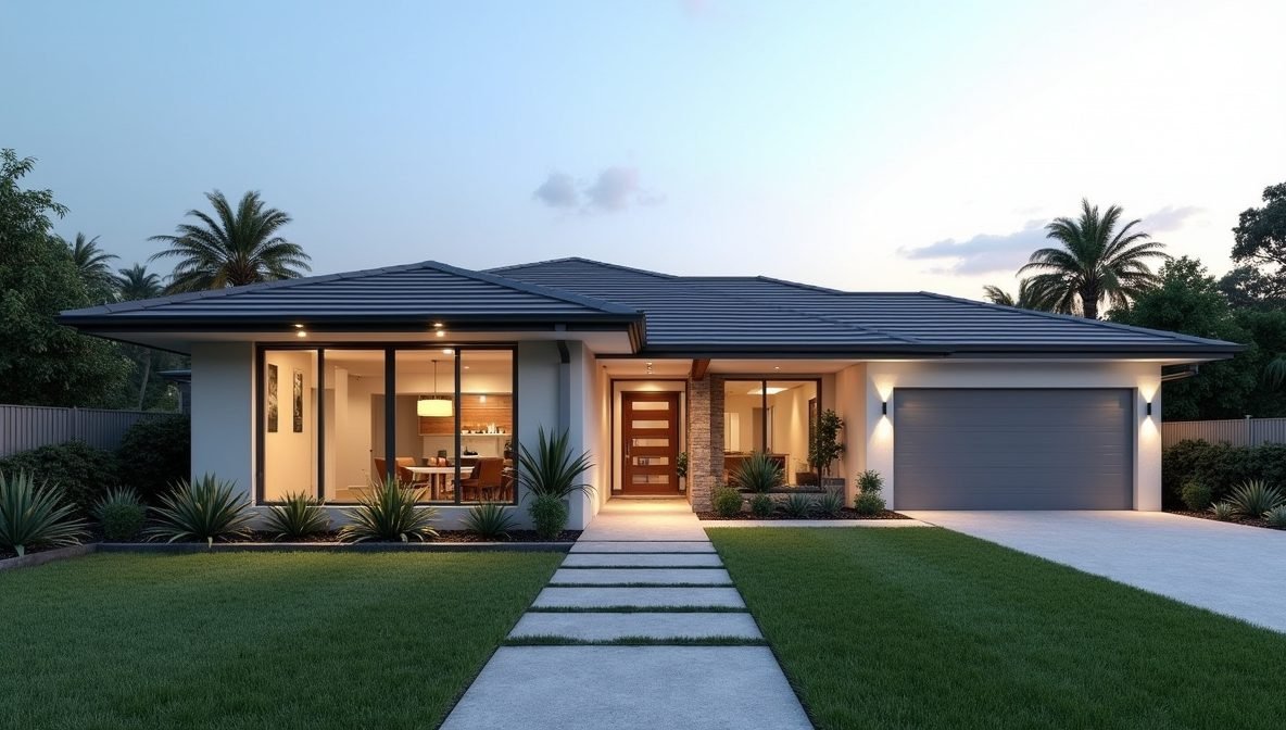 Single Storey House Design : Modern single storey house exterior with a stylish facade and lawn