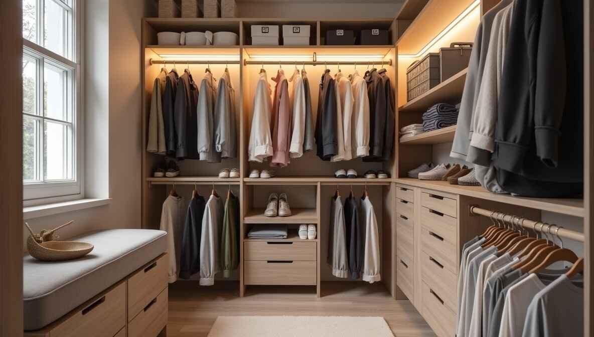 Well-organized small closet with storage bins, hangers, and shelves