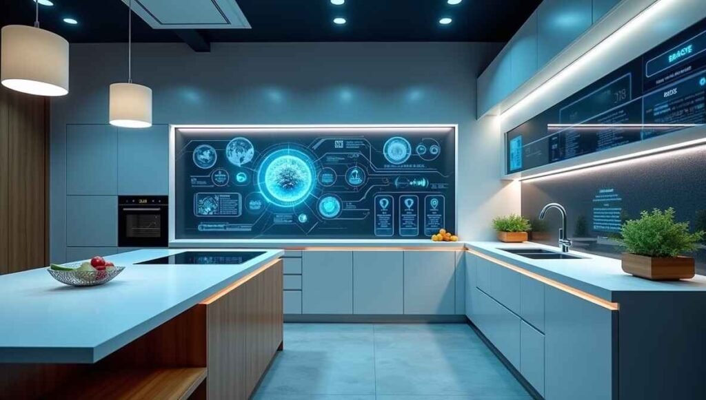 Futuristic smart kitchen with voice-activated appliances and touch-screen controls.