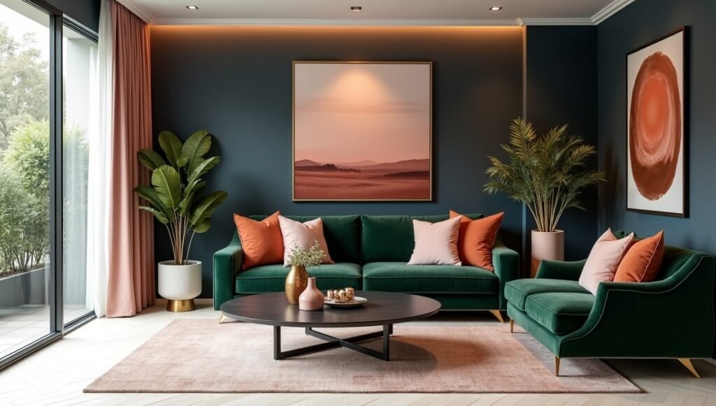 Home Color Design : Stylish home decor featuring complementary color combinations like navy blue and burnt orange, enhancing contrast and depth.