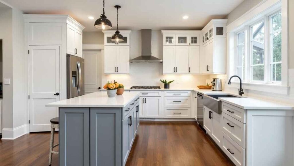 Blend of traditional designs for the kitchen and modern elements in a transitional kitchen.