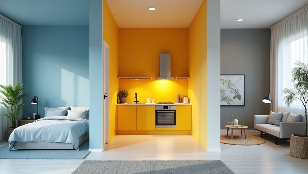 Home Color Design: blue bedroom, a yellow kitchen, and a gray minimalist living area.