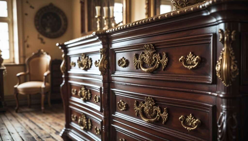 An antique wooden dresser with brass handles in a vintage-style room.