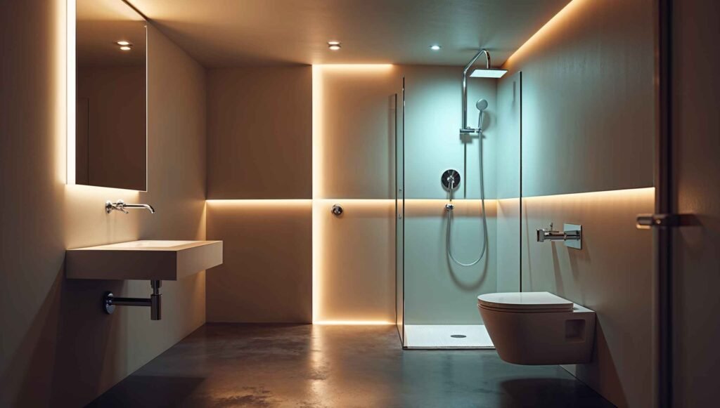 Modern basement bathroom with compact fixtures and sleek design