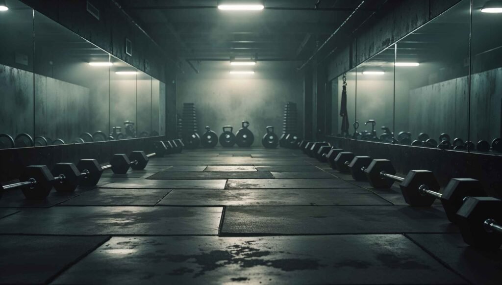 Home gym in basement with rubber mats and workout equipment