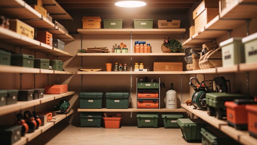 Vertical storage in a basement with wall-mounted shelves