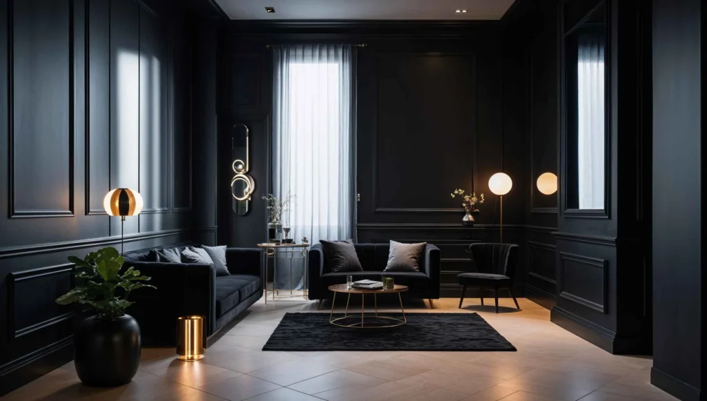 A contemporary Black Interior Design living space featuring an accent wall and elegant decor.