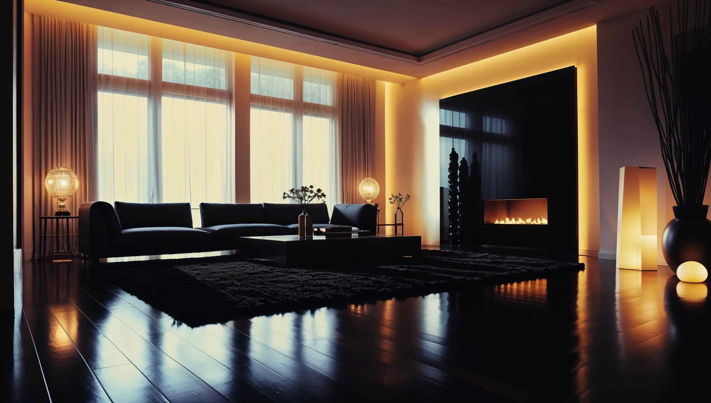 A modern home with black-stained wooden floors, a black rug, and elegant furniture in black interior design.