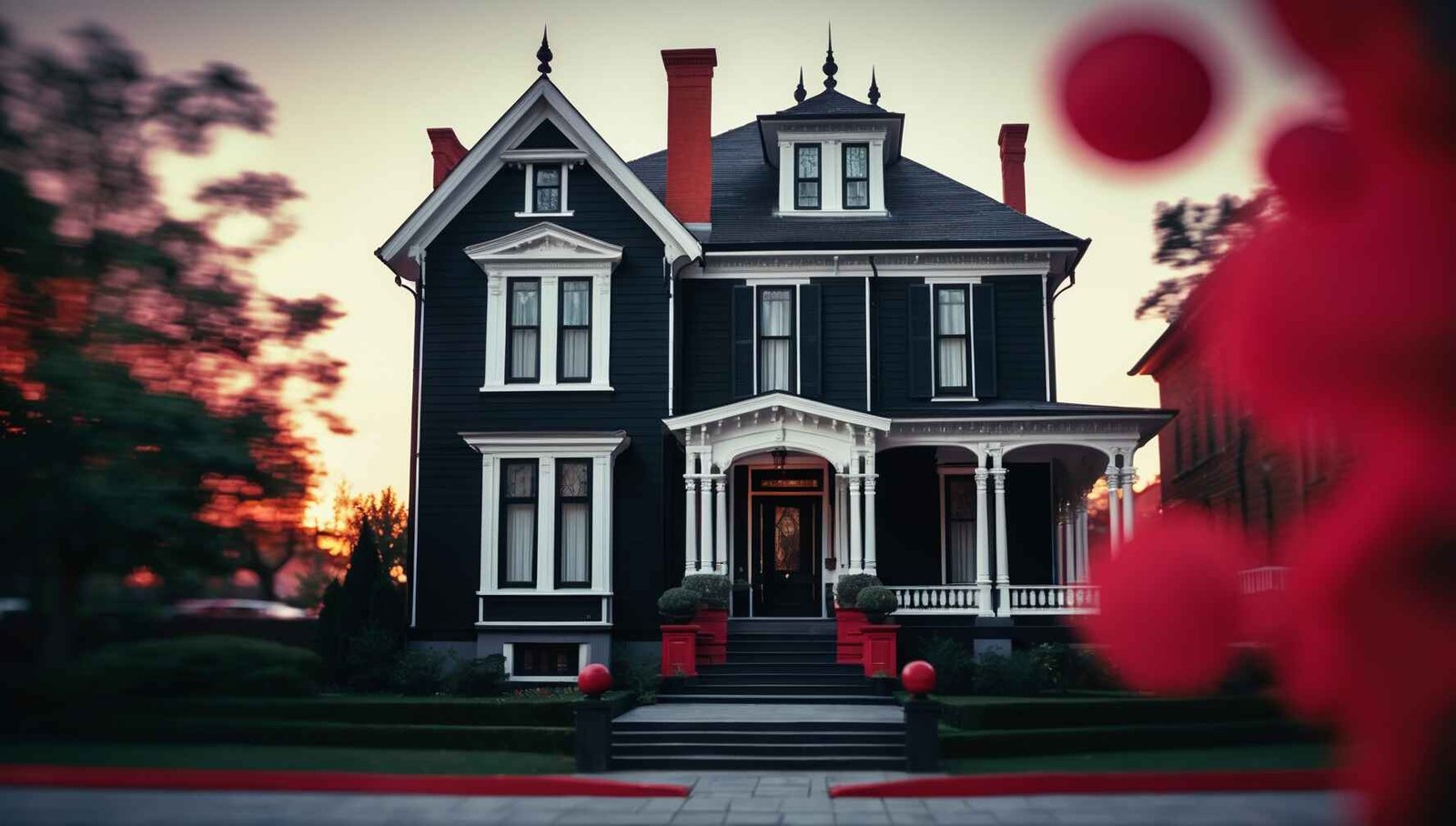 Victorian home in bold black, white, and red accents