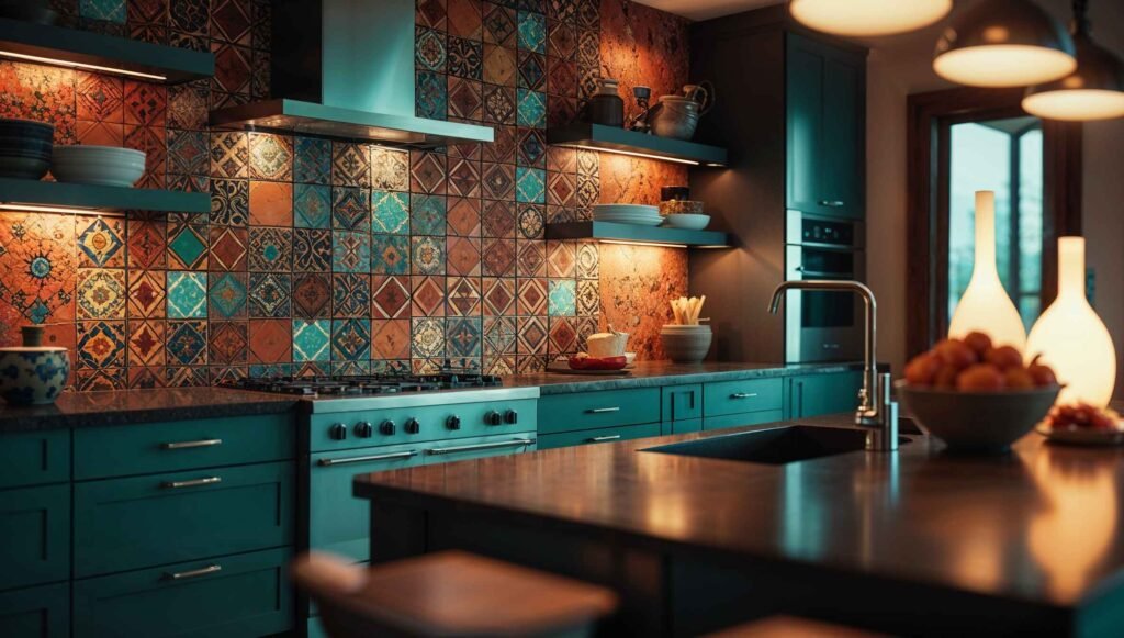 Kitchen with bold geometric tile backsplash and modern lighting - Kitchen Decorating Ideas