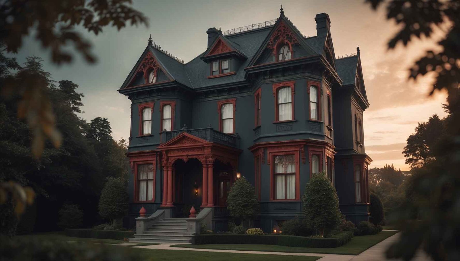 Victorian home in charcoal gray and rust red