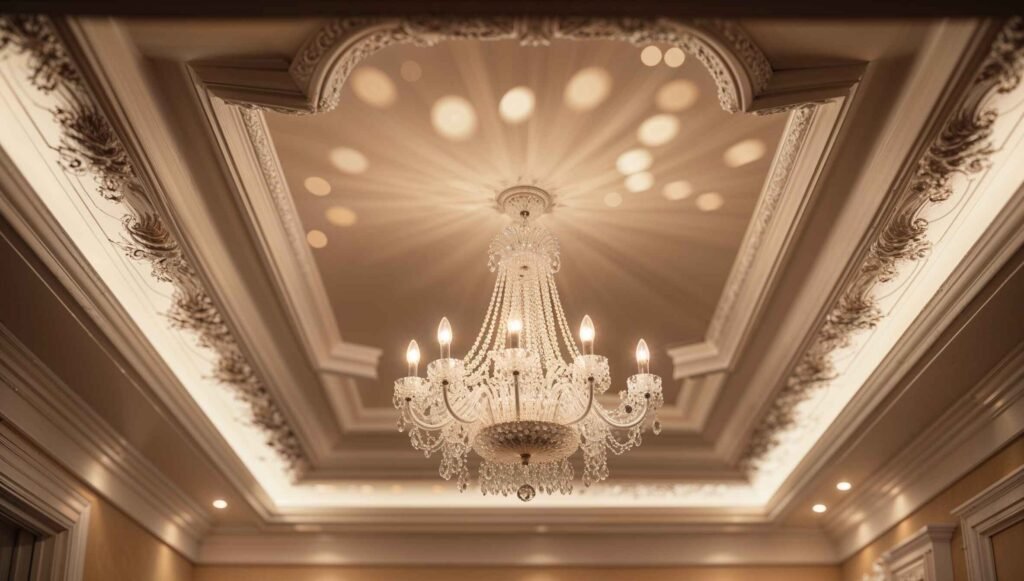 White crown molding with intricate detailing in a traditional home.