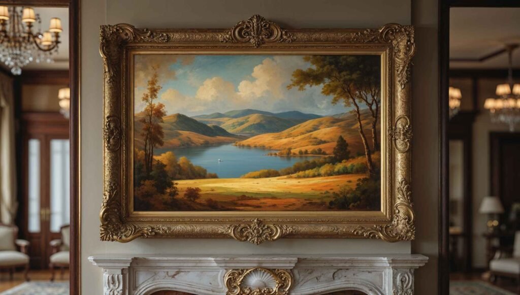 A gold-framed oil painting above a marble fireplace in a traditional home.