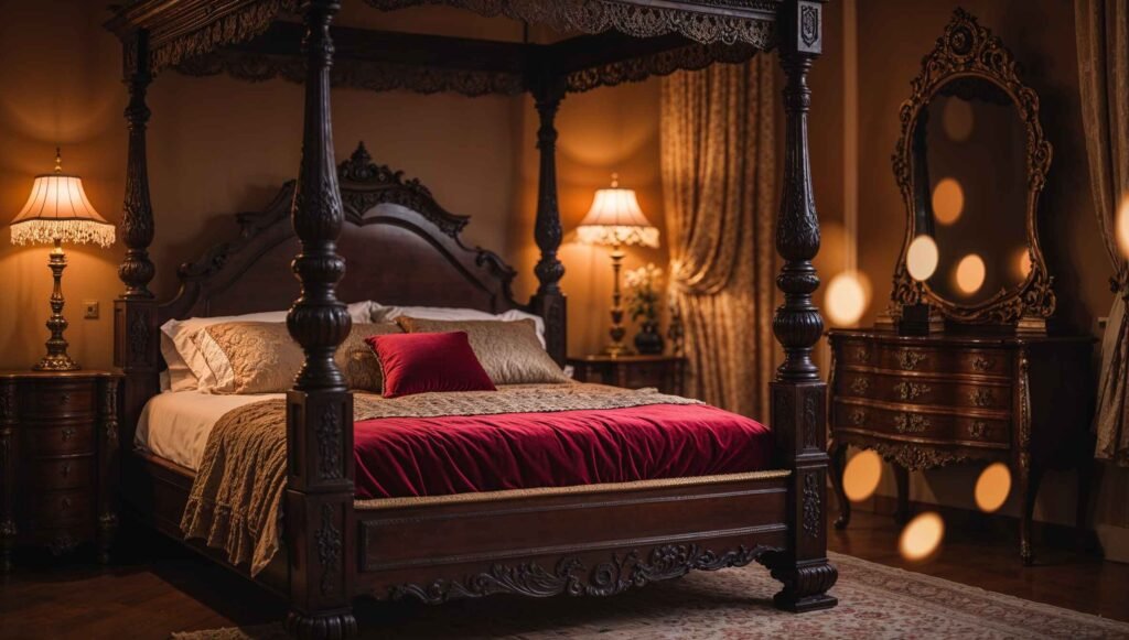 A traditional bedroom with a four-poster bed, antique furniture, and warm lighting.