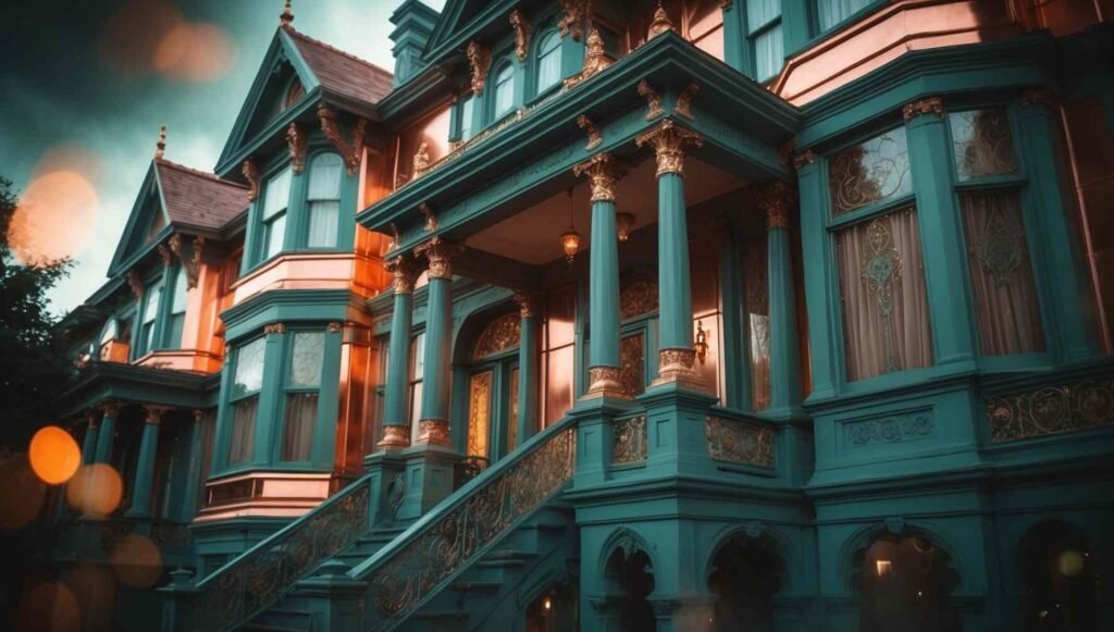 Victorian home in metallic copper and deep sage green