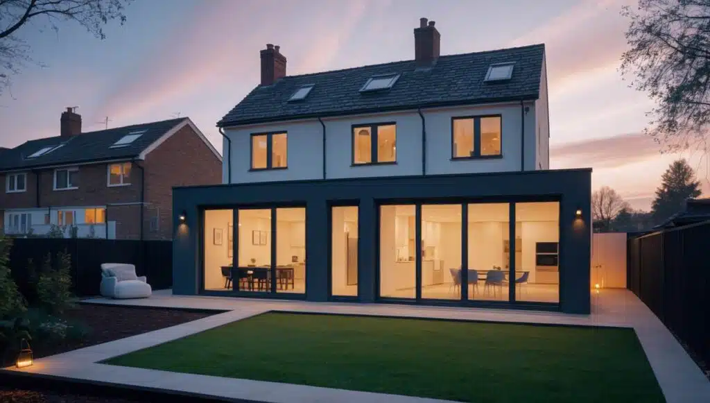 A cost-effective house addition project with contractors and homeowners discussing smart renovation strategies.