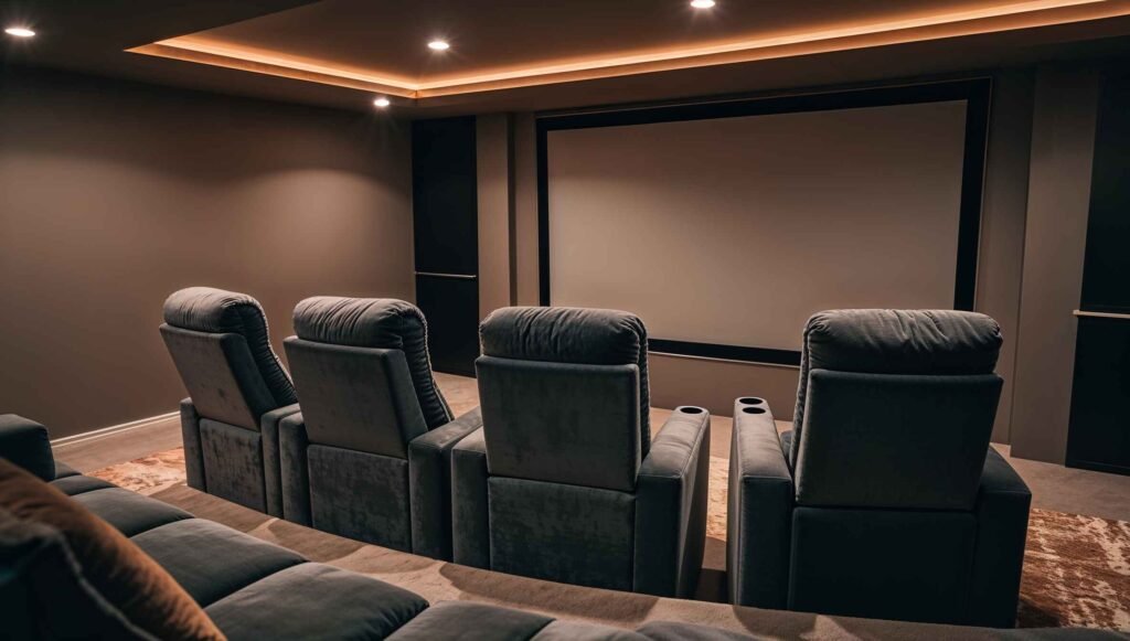 Basement home theater with dim lighting and reclining chairs