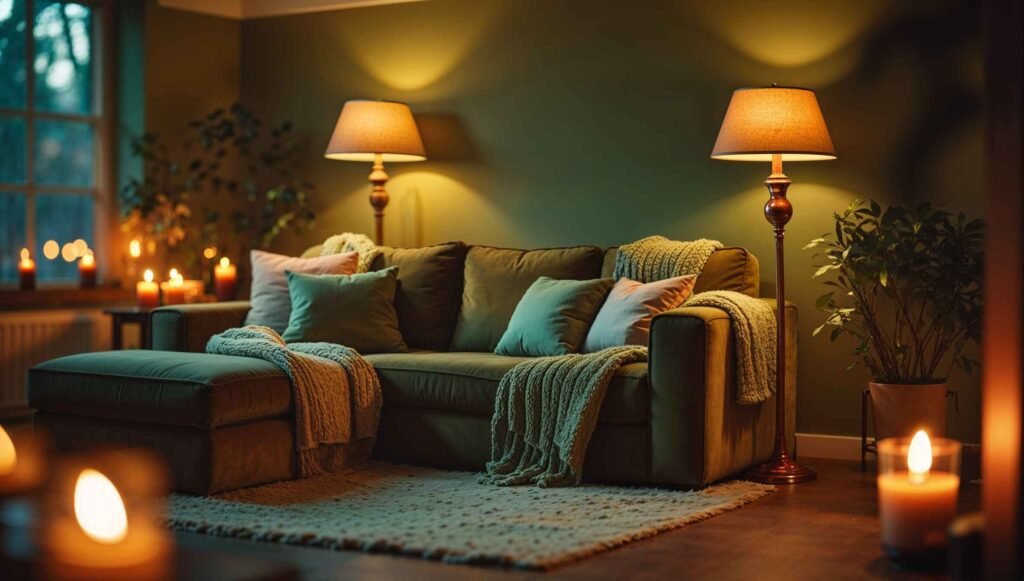 Cozy basement living room with sectional sofa and throw blankets