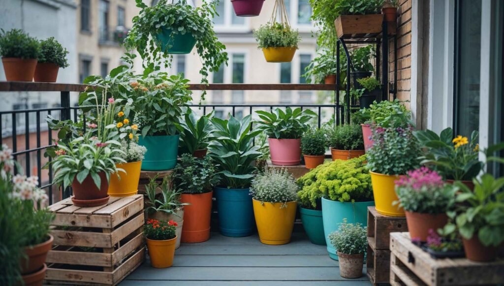 A beautiful container garden featuring vibrant plants in colorful pots, hanging baskets, and repurposed wooden crates on a small urban balcony.