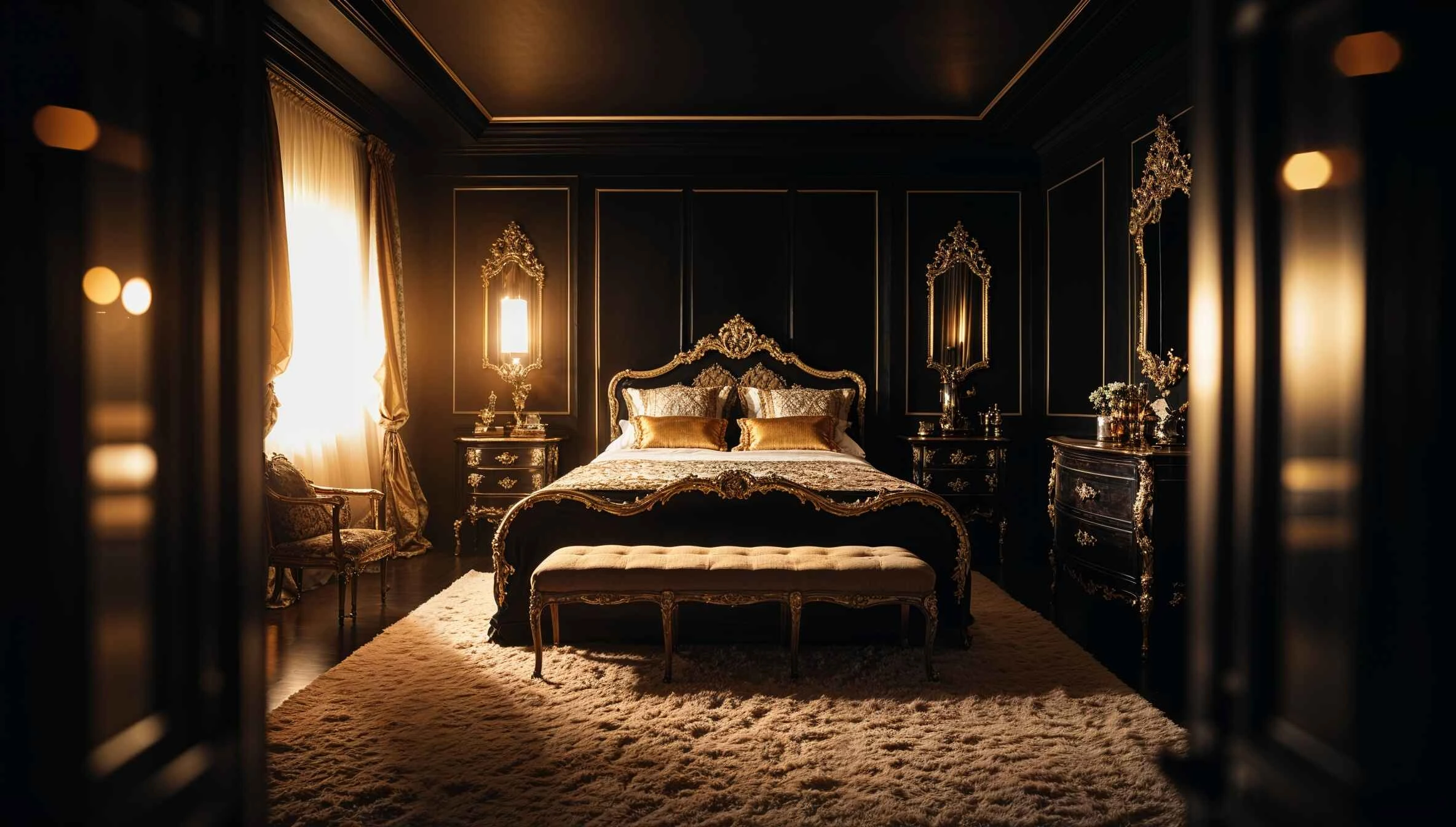 A cozy black interior design bedroom with deep black walls, a black ceiling, and warm lighting.