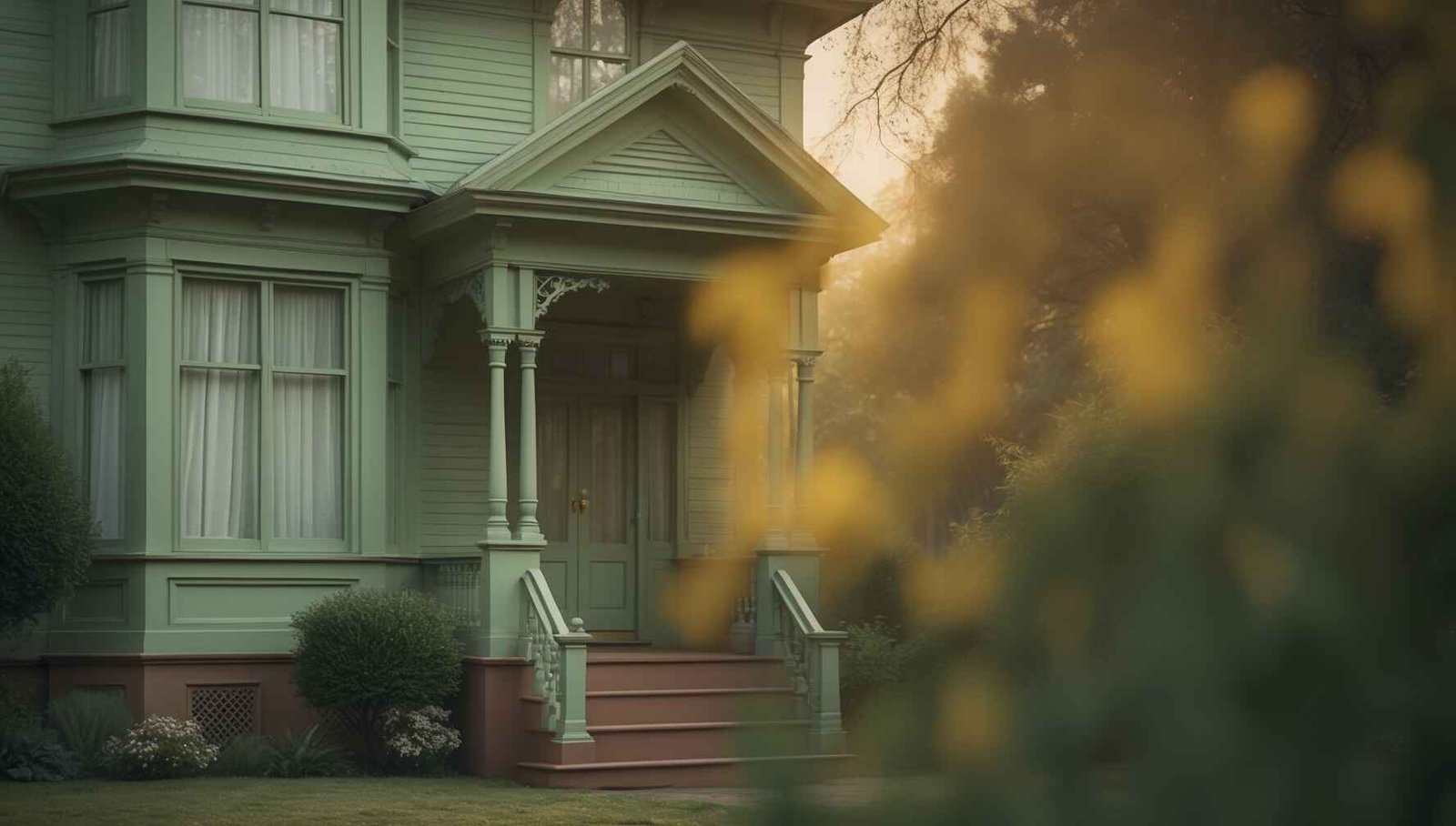 Victorian house with sage green, clay brown, and mustard yellow colors